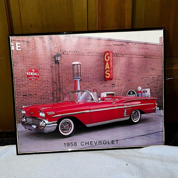 Rare 1958 Chevrolet Convertible Vintage Cherry Red Print Glass Cover Thin Frame - Picture 2 of 9